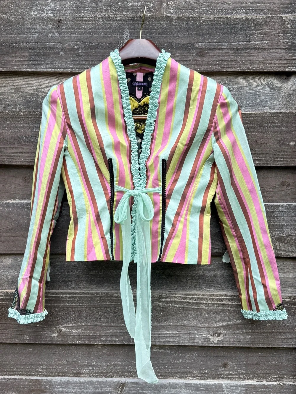 RARE Y2K Dr. Boudoir Raw Silk Striped Ruffle Blazer Jacket Small - Picture 1 of 16